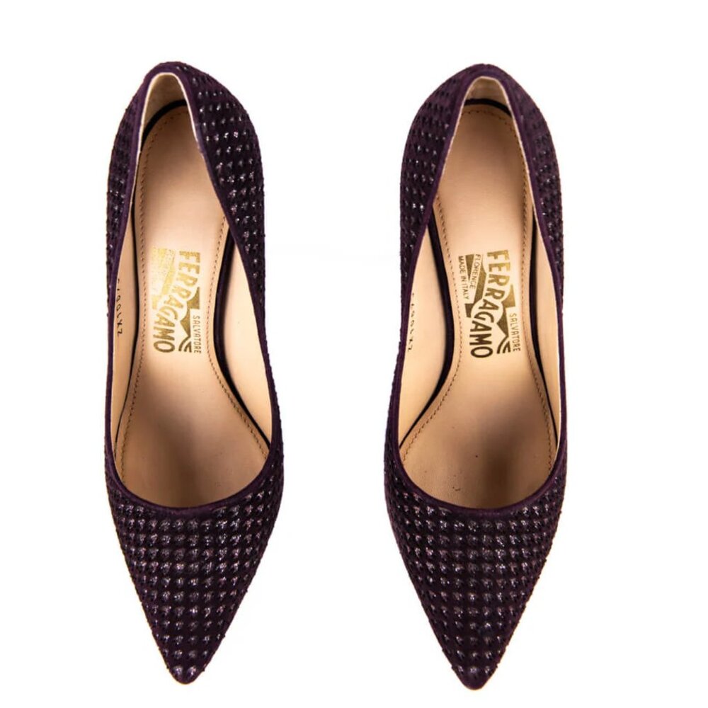 SALVATORE FERRAGAMO Susi Patch Burgundy Suede Pointy Toe Pumps Size 5.5 BNWT - Picture 2 of 15